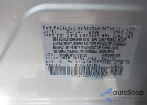 2014 Nissan Sentra Fe+ S/Fe+ Sv/S/Sl/Sr/Sv из США, поврежденный, VIN 3N1AB7AP8EY242733